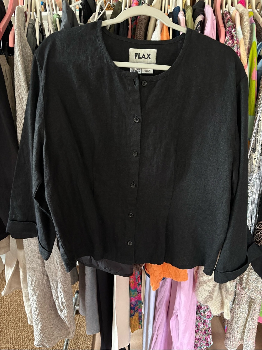 FLAX Black Button-Front Linen Boxy Jacket